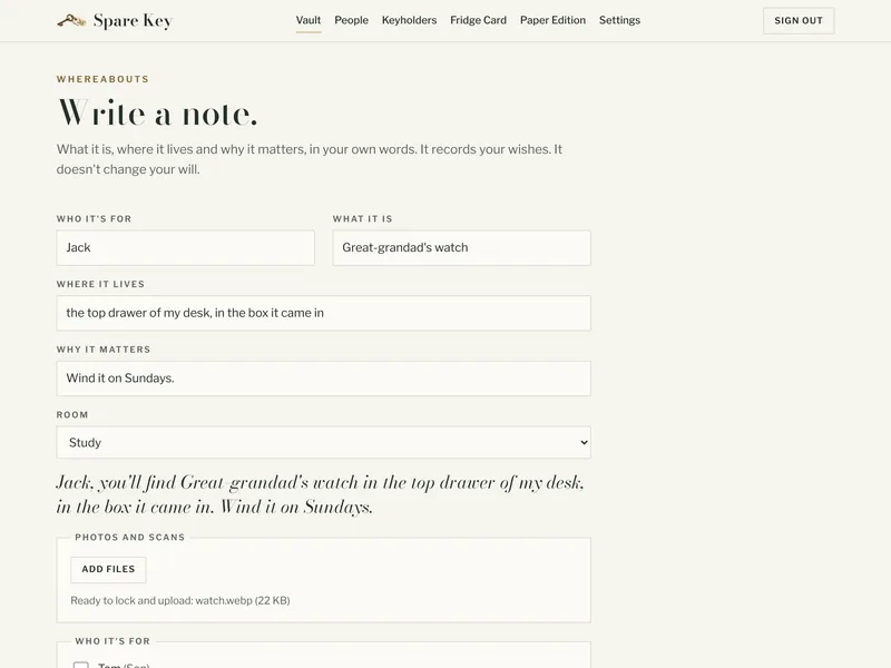 The Whereabouts note form, filled in for a watch in the top drawer of a desk