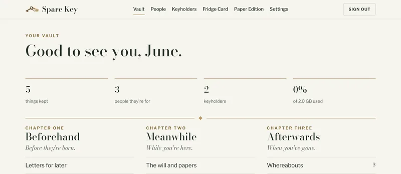 The Spare Key vault home page showing the three chapters and their sections