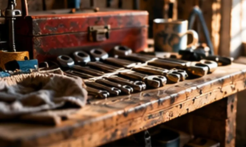 A set of chrome spanners laid out on a shed workbench beside an old red toolbox