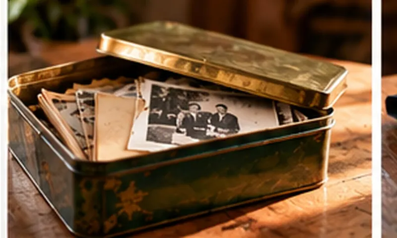 An open biscuit tin full of old photographs