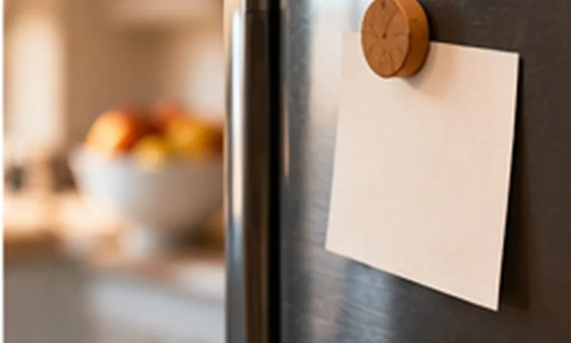 A blank cream card held to a fridge door by a round wooden magnet