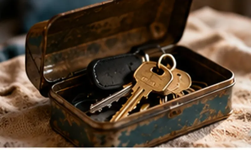 A set of car keys in an old biscuit tin on top of a fridge