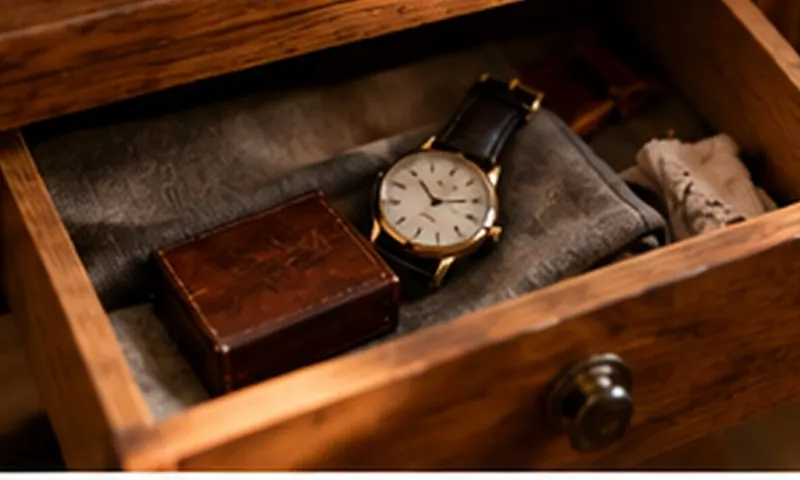 An old wristwatch in its box in the top drawer of a desk
