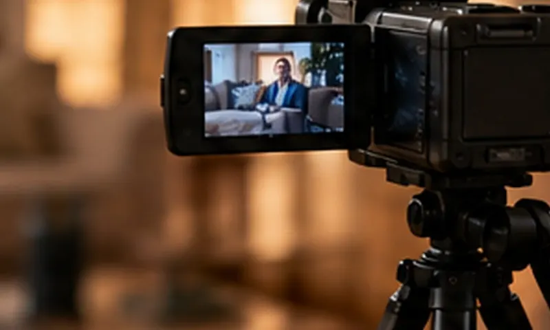 A video camera on a tripod recording someone seated in a living room
