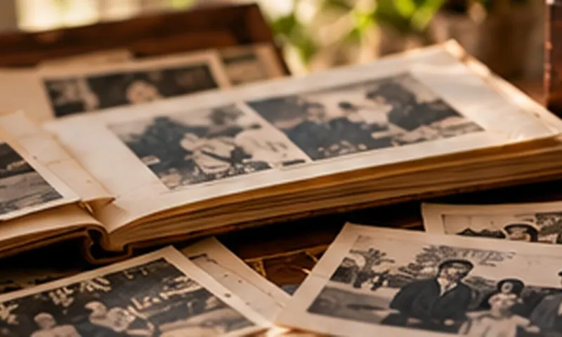 An open photo album and loose old photographs spread on a table
